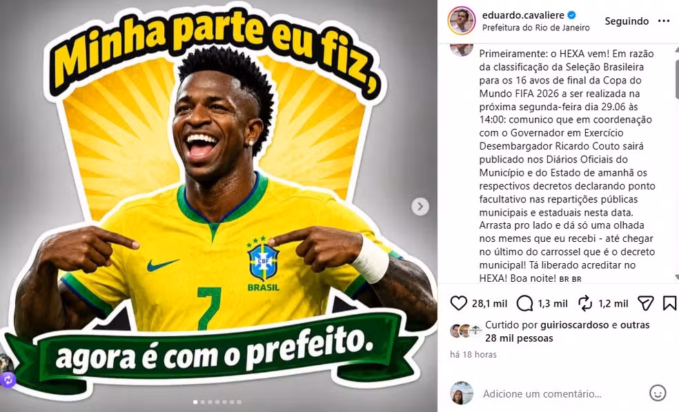 RJ terá ponto facultativo na segunda por jogo do Brasil na Copa do Mundo