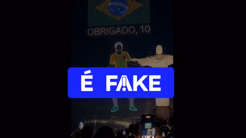 É #FAKE que Cristo Redentor teve show de drones em homenagem a Neymar após eliminação na Copa; vídeo foi criado com IA